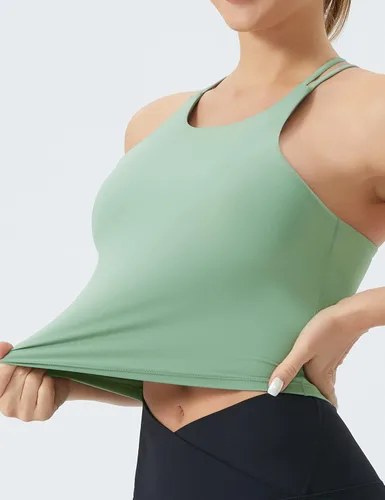 Vista 2 de THE GYM PEOPLE Sujetador deportivo con espalda cruzada para mujer, cuello halter, camiseta corta sin mangas con almohadillas extraíbles