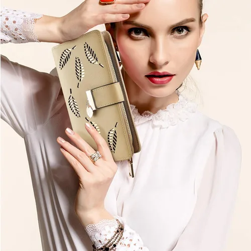 Vista 4 de Cartera clutch con cierre y hebilla, cartera larga porta tarjetas de cuero para mujer, L, Caqui