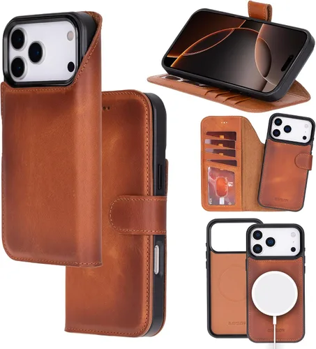 Vista 19 de Bayelon Funda tipo cartera para iPhone 15 Pro, cartera de cuero de grano completo, funda magnética desmontable, tarjetero, funda tipo cartera
