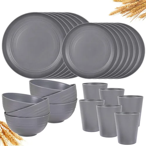 Vista 10 de LIYH 16 Piezas Juego de Vajilla de Paja de Trigo Beige - Platos de Cena Crema Irrompibles, para 4 Platos y Cuencos, Juego de Vajilla de Plástico