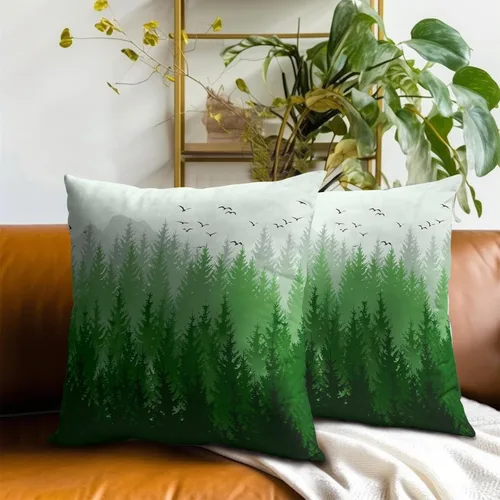 Vista 7 de Juego de 2 fundas de almohada de bosque de abedul, fundas de almohada decorativas de montaña de madera verde oscuro brumoso de 16 x 16 pulgadas