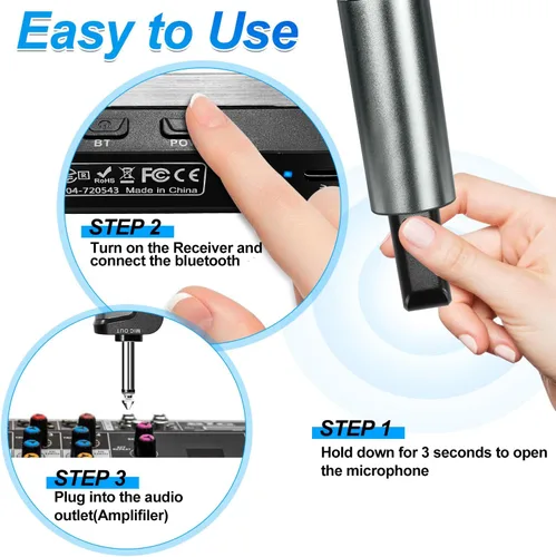 Vista 7 de Sistema de karaoke inalámbrico con receptor Bluetooth recargable, micrófono inalámbrico dinámico de mano profesional, rango UHF de 200 pies, salida