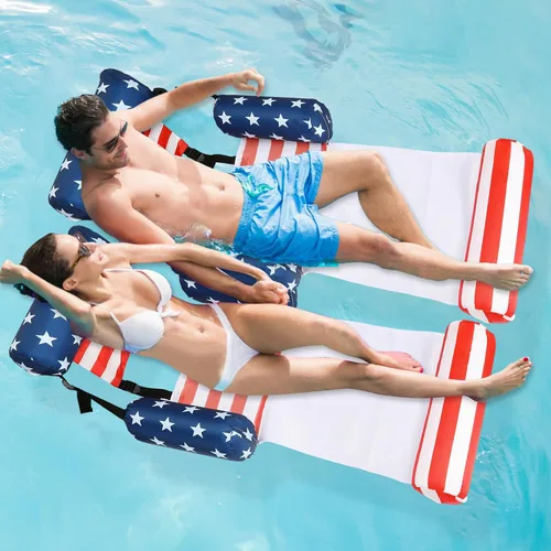 Vista 6 de Paquete de 2 flotadores inflables 2 en 1 para piscina con reposabrazos, tumbonas flotantes de tela para piscina, fideos para adultos, silla flotante