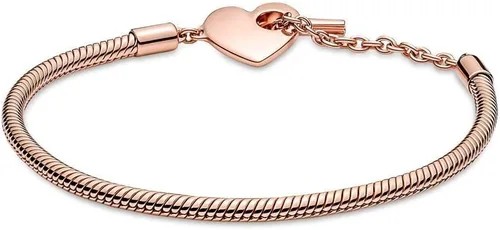 Vista 3 de Pandora Moments - Pulsera de cadena de serpiente con cierre de barra en T de corazón, oro rosa de 14 quilates para mujer, compatible con dijes