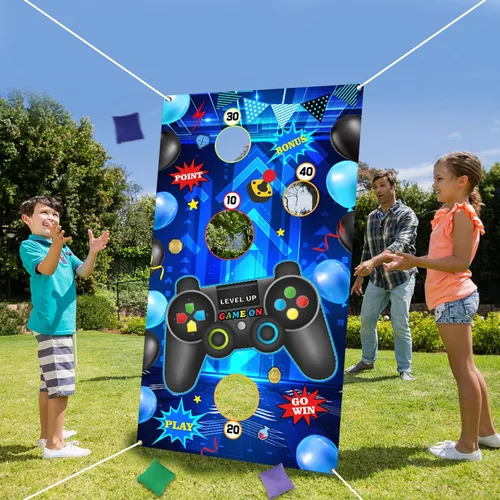 Vista 5 de Videojuegos de lanzamiento, control de videojuegos de nivel, telón de fondo con 3 bolsas de frijoles para niños, suministros de fiesta