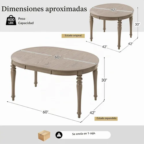 Vista 4 de HULALA HOME Mesa de comedor extensible redonda ovalada de 42 a 60 pulgadas, mesa de comedor extensible de madera de roble vintage con hojas
