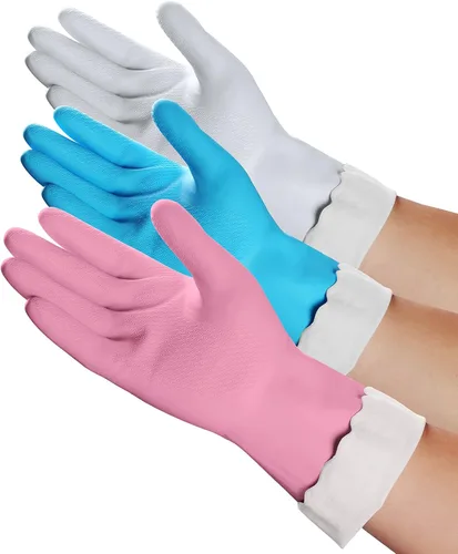 Vista 8 de HSL Guantes de limpieza para el hogar, guantes reutilizables para lavar platos de cocina sin látex, forro de algodón, impermeables, antideslizantes