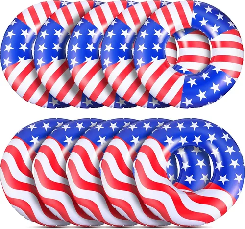 Vista 8 de Flotador de piscina con bandera de Estados Unidos de 36 pulgadas, anillo inflable para piscina, flotador patriótico redondo para playa, lago