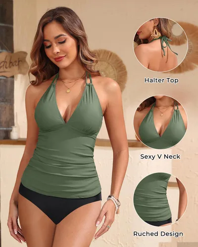Vista 4 de Yonique Traje de baño de dos piezas para mujer, tankini con control de abdomen, talla grande, cuello halter en V