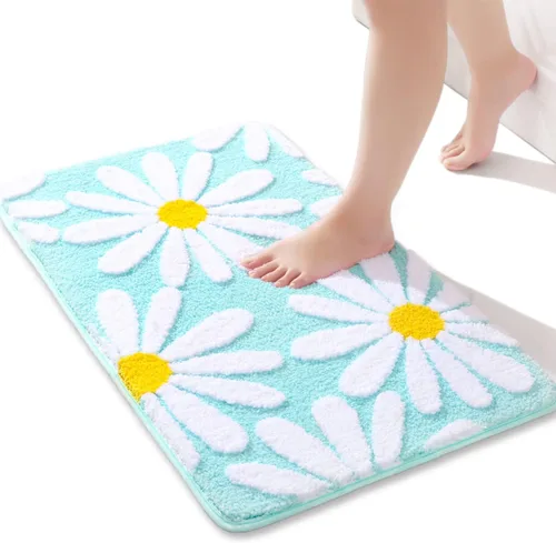 Vista 27 de QJHOMO Alfombra de baño beige con diseño de margaritas, decoración de flores blancas y amarillas, alfombra antideslizante de microfibra, súper