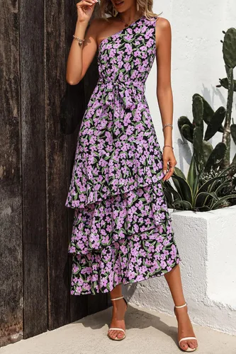 Vista 6 de PRETTYGARDEN Vestido de verano floral para mujer, casual, de un hombro, escalonado, con volantes, a media pierna, vestido bohemio para la playa