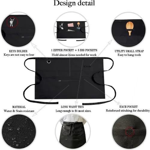 Vista 4 de AEKTBY Delantales negros con 6 bolsillos, delantal de cintura para camarera unisex, peluquero, limpiador