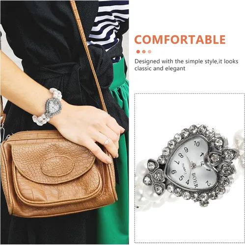 Vista 5 de Hemobllo - Reloj de cuarzo para mujer, con perlas elásticas, con esfera de corazón y diamantes de imitación, estilo casual, para niñas, regalo