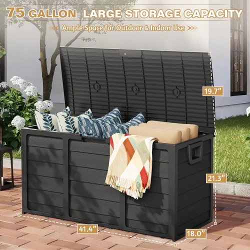 Vista 3 de Caja de almacenamiento para terraza al aire libre de 75 galones, resina resistente con tapa bloqueable, resistente a los rayos UV para muebles