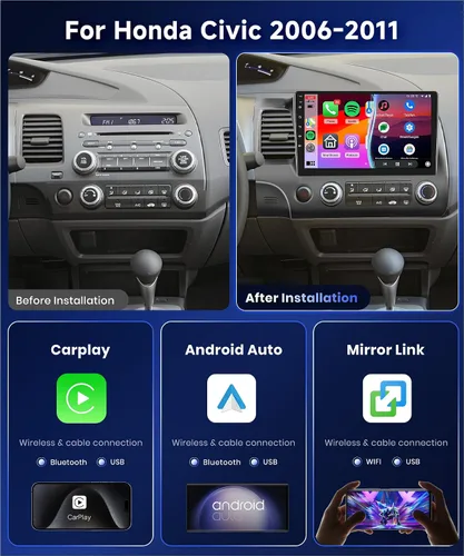 Vista 3 de Estéreo de coche 4G 64G para Honda Civic 2006-2011 Radio con pantalla táctil IPS de 10.1 pulgadas 1280x720 Radio AI DSP 36EQ Carplay inalámbrico