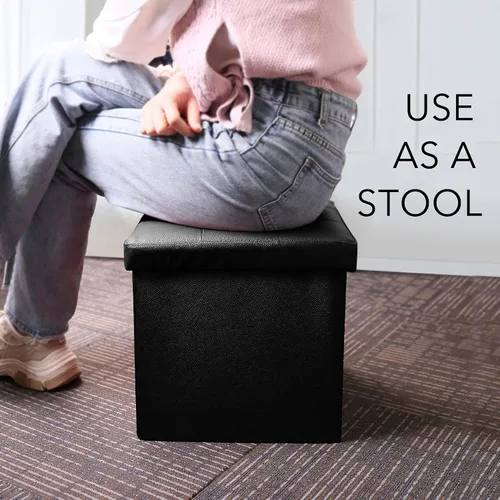 Vista 8 de LotFancy Otomana de almacenamiento, taburete plegable para reposapiés, banco pequeño de cuero de 13 x 12 x 12 pulgadas con almacenamiento, soporta