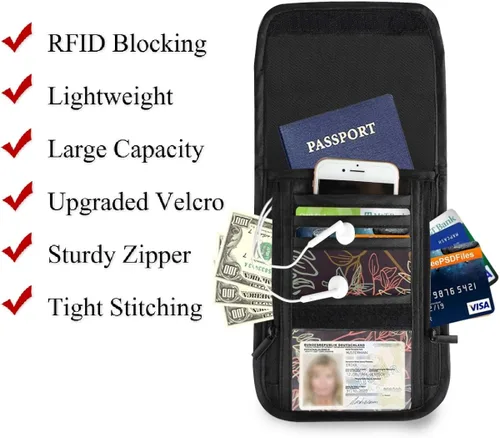 Vista 2 de RFID Blocking Travel Neck Wallet - Flower Blossom Rose Peonies Passport Holder Neck Pouch for Women Men Waterproof Cash Documents Crossbody Bags