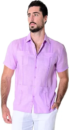 Vista 4 de bohio Guayabera - 100% lino para hombre, tradicional, 4 bolsillos con mangas cortas, color azul reyM, Real