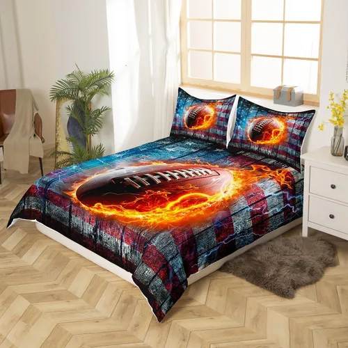 Vista 3 de Juego de funda de edredón para niños de fútbol americano, tamaño individual, juego de ropa de cama de fútbol de rugby de llama, decoración