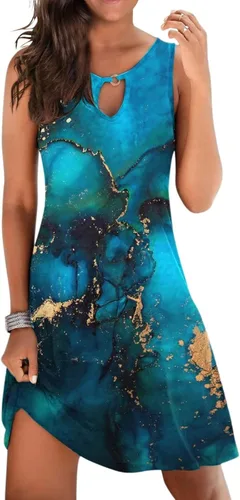 Vista 4 de Vestido corto de verano para mujer, sin mangas, estampado floral, sin mangas, con abertura de cerradura, casual, suelto, vestido de playa