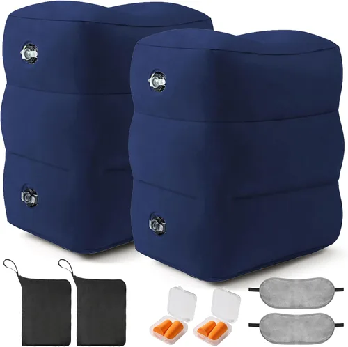 Vista 9 de Almohada inflable con reposapiés para viajes, altura ajustable, con máscara para los ojos y tapones para los oídos para niños y adultos en avión