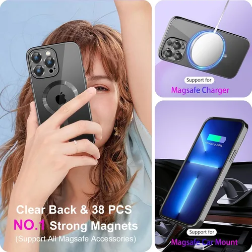 Vista 4 de Magsafe - Funda magnética transparente para iPhone 14 Pro con protector de pantalla y funda para cámara, galvanizada transparente para Negro