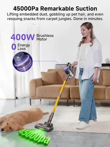 Vista 2 de MONSGA Aspiradora inalámbrica, 45 kPa y 400 W para el hogar, aspiradora antienredos de 50 minutos con base de carga, aspiradora de mano ligera