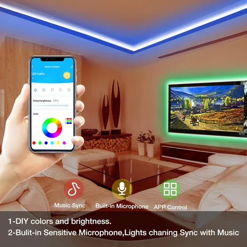 Vista 2 de DAYBETTER - Tira de luces LED RGB inteligentes, luces LED de 50 pies para dormitorio con control de aplicación, cambiantes, multicolor