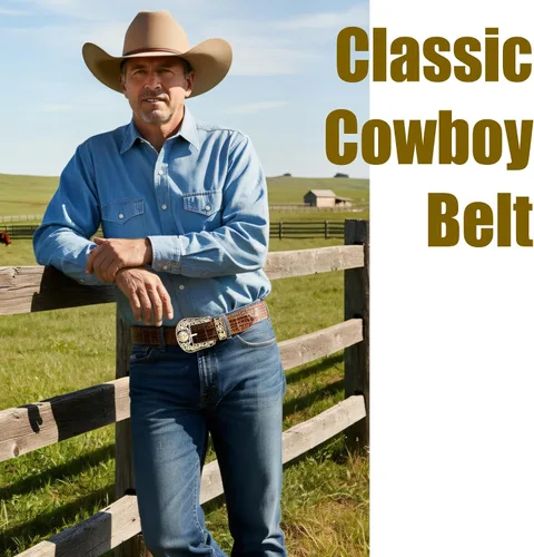 Vista 2 de Western Cowboy - Cinturón de cuero genuino con hebilla grabada, estilo country rodeo para hombre 8052 2cocodrilo Cf