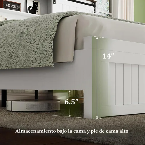 Vista 4 de Marco de cama tamaño Queen con cabecera de almacenamiento, luces de lectura, color blanco Blanco antiguo