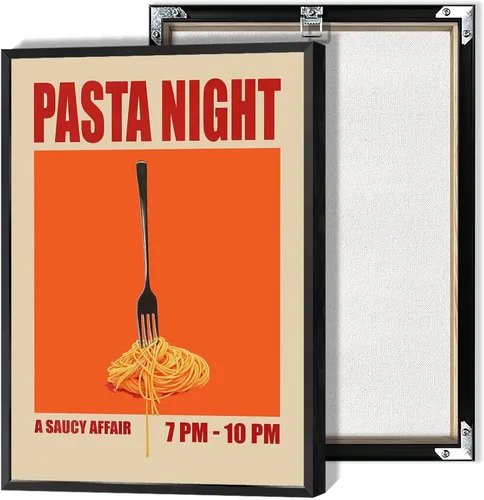 Vista 15 de Pósteres nocturnos de pasta retro, arte divertido de comida de fideos, arte de mediados de siglo, lienzo de cocina moderna de mediados de siglo