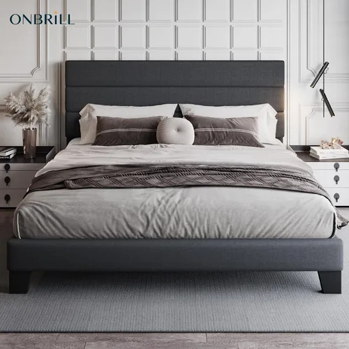 Vista 3 de ONBRILL Base de cama tamaño King con cabecera tapizada de tela, soporte de listones de madera resistente, base de colchón tapizada, no necesita