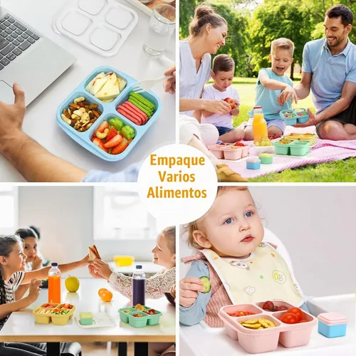 Vista 3 de Caperci Recipientes para aperitivos con 4 compartimentos (paquete de 4) con 2 tazas de salsa a prueba de fugas, recipientes divididos reutilizables