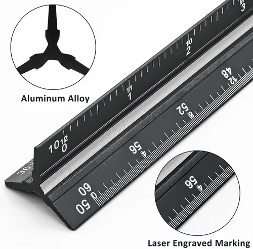 Vista 3 de Regla de escala para ingenieros de 12 pulgadas, regla triangular de ingeniería de aluminio sólido con grabado láser, herramienta de dibujo