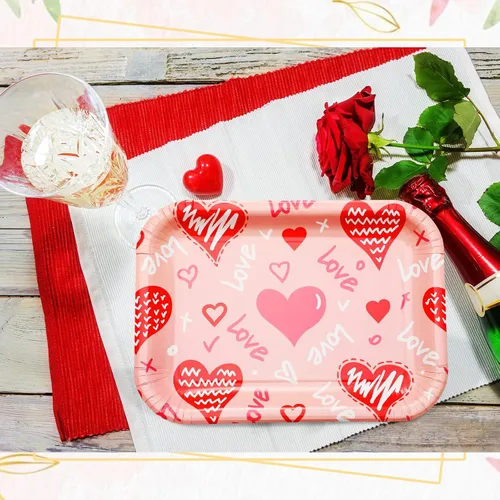 Vista 6 de Ziliny 24 platos de papel desechables con forma de corazón, bandejas rectangulares de 13 x 9 pulgadas, bandejas grandes para servir para bodas, Rosa