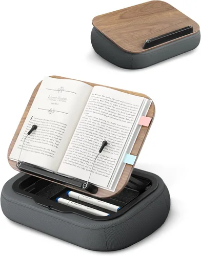 Vista 7 de Viozon Soporte de almohada para libro de regazo con almacenamiento, almohada de lectura ajustable con panel de madera oscura, soporte de libro Negro