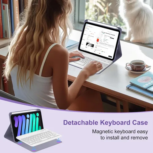 Vista 2 de Funda de teclado para iPad Mini 7ª (A17 Pro, 2024) y 6ª (2021) de 8.3 pulgadas, recargable, teclado Bluetooth desmontable, funda protectora delgada