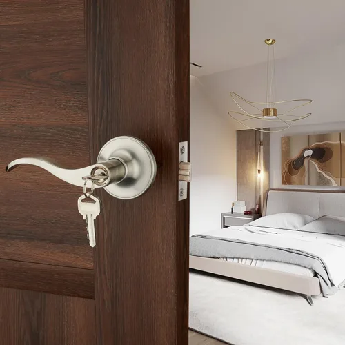 Vista 3 de 1 Paquete de Cerradura de Puerta de Entrada con Llave HENYIN Wave Lever/Pomo de Puerta Hardware Manija y Cerradura de Armario, Color Plateado