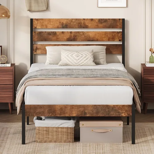 Vista 12 de WLIVE Base de cama tapizada, marcos de cama individual con cabecero, cama de plataforma con listones de madera, base de colchón de 600 libras,