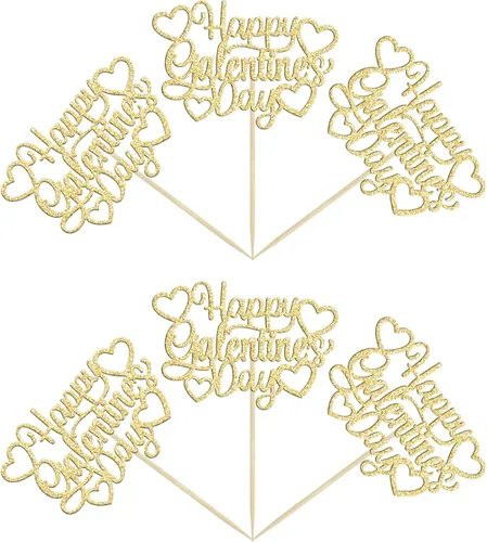 Vista 7 de 24 piezas de decoración de cupcakes con purpurina dorada para el día de San Valentín, temática de San Valentín, fiesta de cumpleaños, suministros