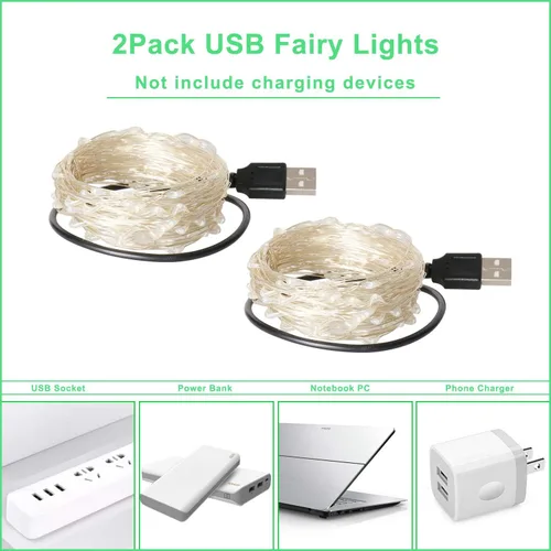 Vista 2 de Blingstar Luces de hadas alimentadas por USB, paquete de 2 unidades de 100 LED de 33 pies, cable plateado flexible, mini cadena de luces para el día