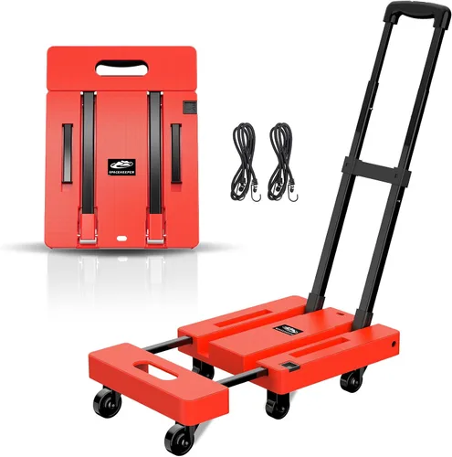 Vista 8 de SPACEKEEPER - Carro de mano plegable, carrito resistente de equipaje de 500 libras, carrito de plataforma utilitaria con 6 ruedas y 2 cuerdas