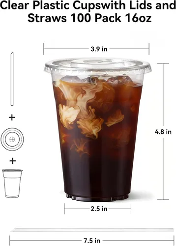 Vista 4 de EKOJUCE 100 vasos de plástico transparente, 16 onzas con tapas y pajitas a