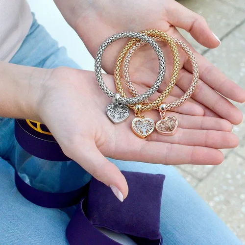 Vista 5 de 3 pulseras de cadena de palomitas de maíz de oroplataoro rosa - dije de edición de corazón con pulsera elástica de cristal para mujeres y niñas