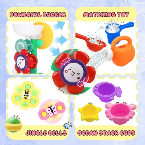 Vista 3 de Juguetes de baño para niñas para niños de 1 a 3 años Mesa de agua con ventosa y rotación Juguetes de bañera para niños pequeños con tazas apilables