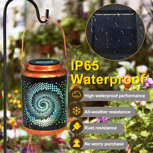 Vista 4 de Linternas solares para colgar al aire libre, linterna LED impermeable de metal con energía solar, decoración de patio, linterna con asa, idea