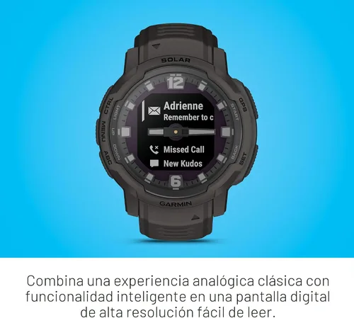 Vista 4 de Garmin Instinct Crossover Solar, reloj inteligente híbrido resistente con capacidad de carga solar, manecillas analógicas y pantalla digital