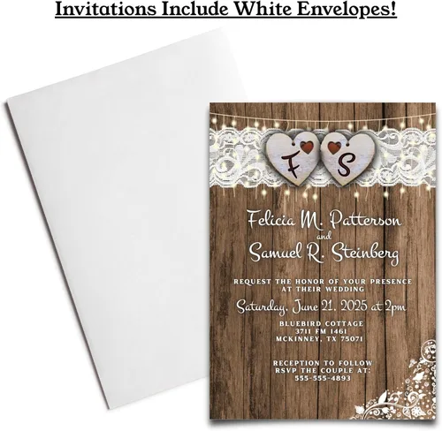 Vista 5 de Cantidad de 25 invitaciones de boda País Corazón y sobres de encaje impreso con texto blanco