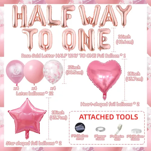 Vista 4 de Decoraciones de medio cumpleaños para niñas, pancarta de globos de medio camino a uno, globos de corazón de estrella rosa, globos de oro rosa