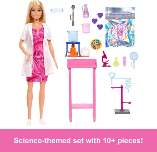 Vista 3 de Barbie Muñeca científica y accesorios con muñeca rubia de moda, mesa de laboratorio, microscopio, vaso de precipitados que cambian